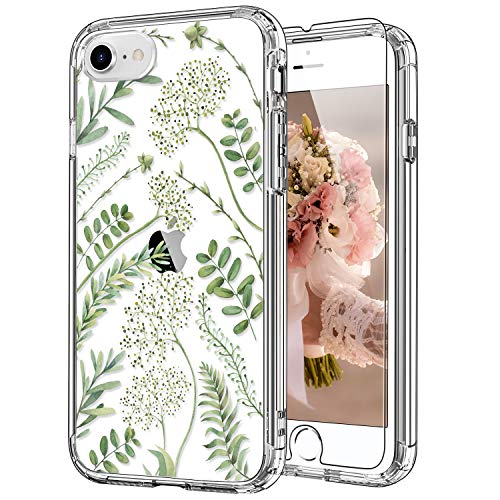 ICEDIO iPhone SE 2022 Case,iPhone SE 2020 Case,iPhone 8 Case,iPhone 7 Case with Screen Protector,Clear TPU Cover with Fashion Designs for Girls Women,Protective Phone Case Green Leaves Floral