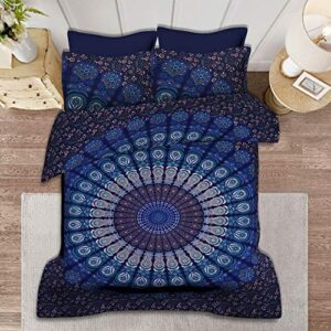 SHIRANYA 100% Cotton Sea Green Mandala Duvet Cover Set Queen 3 Piece Indian Ethnic Reversible Bohemian Floral Design Bedspread Blanket (1 Duvet Cover+2 Pillowcases, Size-88x82 inch)