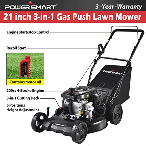 PowerSmart Gas Powered Push Lawn Mower, 21-Inch 209cc 3-in-1 Walk-Behind Lawn Mowers with Bagger, Black