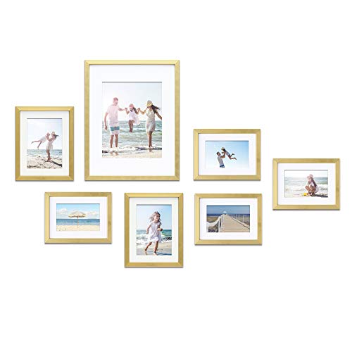 MIMOSA MOMENTS Picture Frame Sets for Wall Collage Multiple Sizes, Gallery Wall Frame Set with mat for one 8x10, 2 5x7 and 4 4x6 picture (Gold, 7 pcs set)