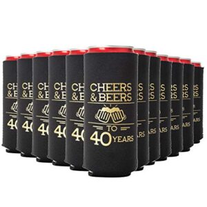 cheers & beers to 40 years slim can coolers, 40th birthday party coolies, set of 12, black and gold thirtieth birthday cup coolers, perfect for birthday parties, birthday decorations