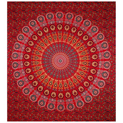 SHIRANYA Red Queen Indian Mandala Tapestry Wall Hanging for Bedroom Bohemian Floral Design Cotton Bedspread Throw Blanket Decorative (84x90 inches/213x229 cm)