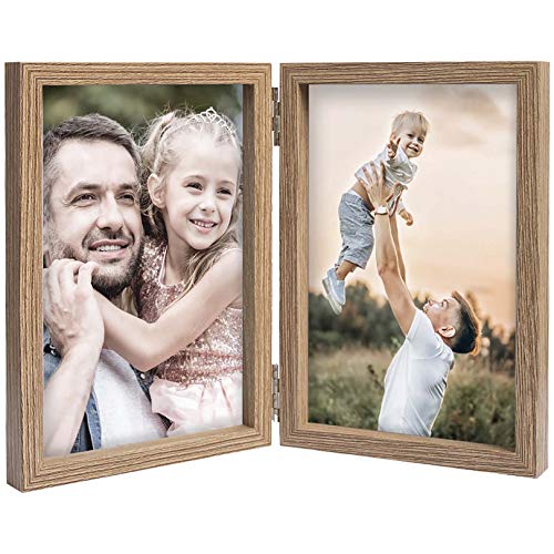 4x6 Picture Frames Double Hinged MDF Wood Grain with Glass Front Stand Vertical on Tabletop