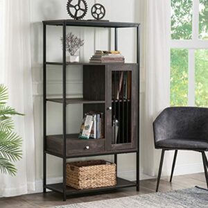 p purlove industrial bookshelf home office bookcase and bookshelf 5 tier display shelf with doors and drawers rustic wood and metal shelving unit