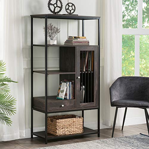 P PURLOVE Industrial Bookshelf Home Office Bookcase and Bookshelf 5 Tier Display Shelf with Doors and Drawers Rustic Wood and Metal Shelving Unit