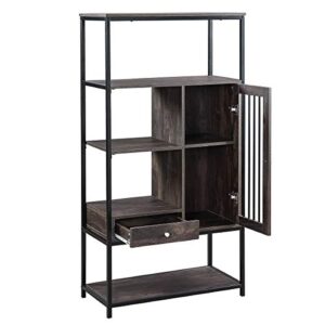 P PURLOVE Industrial Bookshelf Home Office Bookcase and Bookshelf 5 Tier Display Shelf with Doors and Drawers Rustic Wood and Metal Shelving Unit