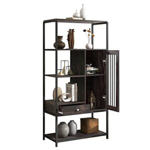 P PURLOVE Industrial Bookshelf Home Office Bookcase and Bookshelf 5 Tier Display Shelf with Doors and Drawers Rustic Wood and Metal Shelving Unit