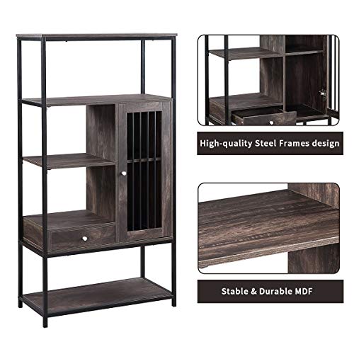 P PURLOVE Industrial Bookshelf Home Office Bookcase and Bookshelf 5 Tier Display Shelf with Doors and Drawers Rustic Wood and Metal Shelving Unit