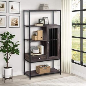 P PURLOVE Industrial Bookshelf Home Office Bookcase and Bookshelf 5 Tier Display Shelf with Doors and Drawers Rustic Wood and Metal Shelving Unit