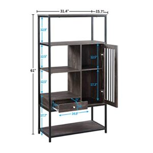 P PURLOVE Industrial Bookshelf Home Office Bookcase and Bookshelf 5 Tier Display Shelf with Doors and Drawers Rustic Wood and Metal Shelving Unit