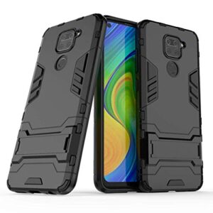 smfu cover for xiaomi redmi note 9 heavy duty shockproof case with kickstand feature hybrid dual layer armor defender protective cover-with screen protector 2 pack-for redmi note 9（black）