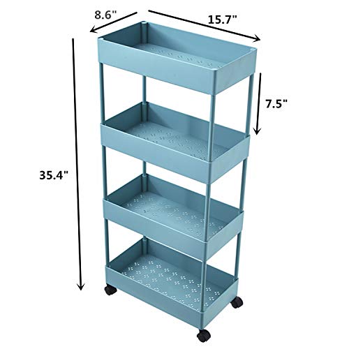 Beaugreen 4-Tiers Rolling Cart Slide Out Storage Tower Utility for Kitchen Bathroom Laundry Narrow Places (Blue)