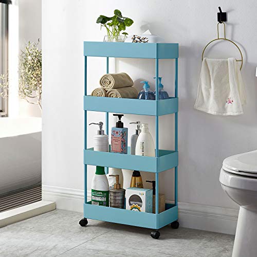 Beaugreen 4-Tiers Rolling Cart Slide Out Storage Tower Utility for Kitchen Bathroom Laundry Narrow Places (Blue)