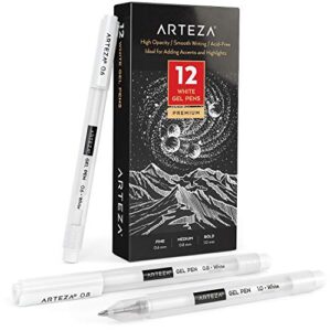 arteza white gel pen set, pack of 12, white gel pens for artists with 0.6mm, 0.8mm, and 1.00 mm nibs, white rollerball pens for writing, drawing, taking notes & sketching