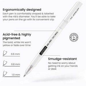 ARTEZA White Gel Pen Set, Pack of 12, White Gel Pens for Artists with 0.6mm, 0.8mm, and 1.00 mm Nibs, White Rollerball Pens for Writing, Drawing, Taking Notes & Sketching