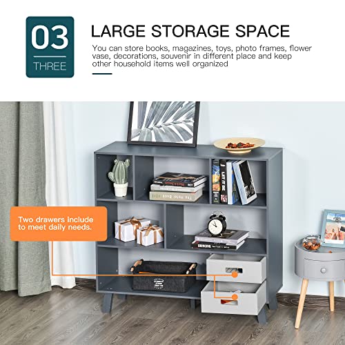 HOMCOM 3-Tier Child Bookcase Open Shelves Cabinet Floor Standing Cube Storage Organizer with Drawers - Grey