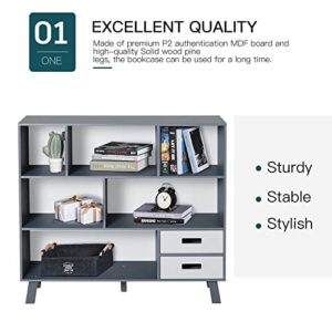 HOMCOM 3-Tier Child Bookcase Open Shelves Cabinet Floor Standing Cube Storage Organizer with Drawers - Grey