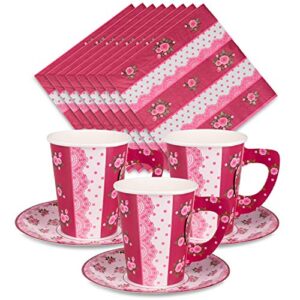 royal bluebonnet rose paper tea cups for tea party - 24 disposable tea cups, plates, and napkins for hot & cold drinks great for easter, mother's day, princess and spring little girls parties