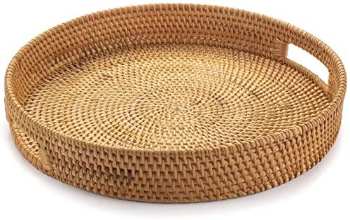 Rattan Round Serving Tray, Hand Woven Serving Basket with Cut - Out Handles, Wicker Fruit/Bread Serving Basket, 11.8 inch