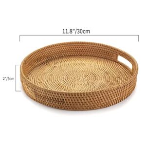 Rattan Round Serving Tray, Hand Woven Serving Basket with Cut - Out Handles, Wicker Fruit/Bread Serving Basket, 11.8 inch