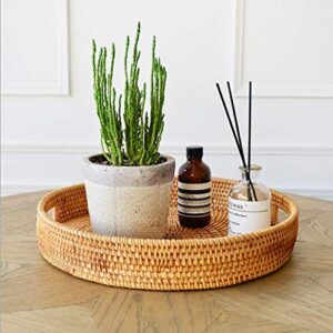 Rattan Round Serving Tray, Hand Woven Serving Basket with Cut - Out Handles, Wicker Fruit/Bread Serving Basket, 11.8 inch