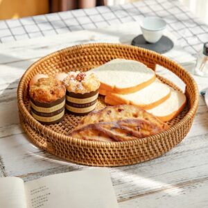 Rattan Round Serving Tray, Hand Woven Serving Basket with Cut - Out Handles, Wicker Fruit/Bread Serving Basket, 11.8 inch