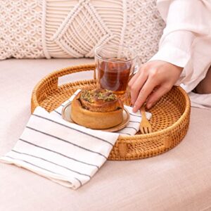 Rattan Round Serving Tray, Hand Woven Serving Basket with Cut - Out Handles, Wicker Fruit/Bread Serving Basket, 11.8 inch