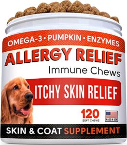 allergy relief dog treats w/omega 3 + pumpkin + enzymes + turmeric - itchy skin relief - immune & digestive supplement - skin & coat health - anti-itch & hot spots -made in usa - chicken flavor chews