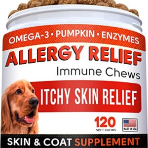 Allergy Relief Dog Treats w/Omega 3 + Pumpkin + Enzymes + Turmeric - Itchy Skin Relief - Immune & Digestive Supplement - Skin & Coat Health - Anti-Itch & Hot Spots -Made in USA - Chicken Flavor Chews