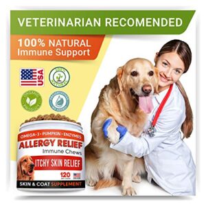 Allergy Relief Dog Treats w/Omega 3 + Pumpkin + Enzymes + Turmeric - Itchy Skin Relief - Immune & Digestive Supplement - Skin & Coat Health - Anti-Itch & Hot Spots -Made in USA - Chicken Flavor Chews