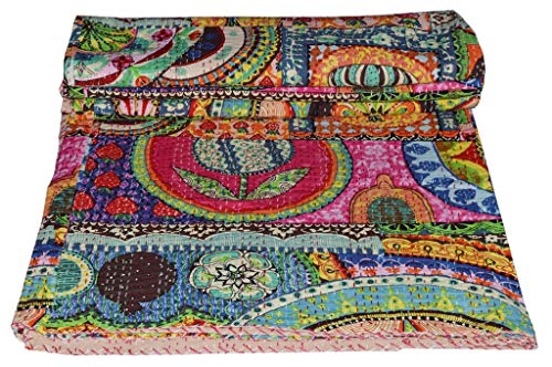 Maviss Homes Indian Traditional Handmade Patchwork Cotton Super Soft Kantha Quilt Blanket | Throw Bedspread Blanket | Bedroom Décor Throw Quilt |Home Décor; Multicolour