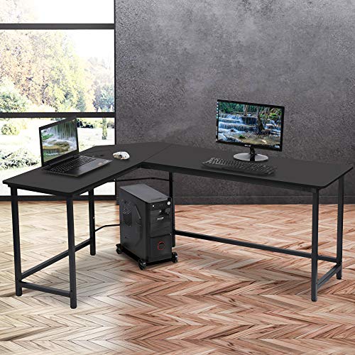 L Shaped Desk Home Office Desk Corner Computer Desk, Metal and Wood PC Laptop Table Gaming Desk with Solid Steel Frame & CPU Stand Shelf, Large 3-Piece Writing Study Workstation, Black