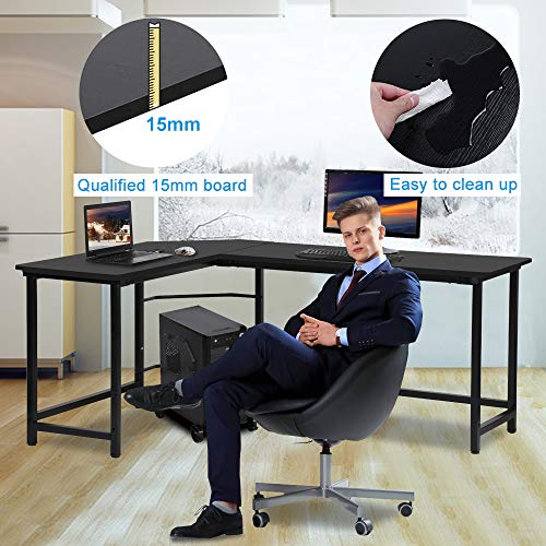 L Shaped Desk Home Office Desk Corner Computer Desk, Metal and Wood PC Laptop Table Gaming Desk with Solid Steel Frame & CPU Stand Shelf, Large 3-Piece Writing Study Workstation, Black