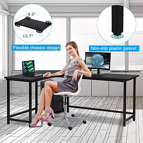 L Shaped Desk Home Office Desk Corner Computer Desk, Metal and Wood PC Laptop Table Gaming Desk with Solid Steel Frame & CPU Stand Shelf, Large 3-Piece Writing Study Workstation, Black