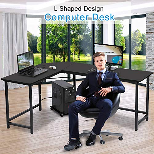 L Shaped Desk Home Office Desk Corner Computer Desk, Metal and Wood PC Laptop Table Gaming Desk with Solid Steel Frame & CPU Stand Shelf, Large 3-Piece Writing Study Workstation, Black