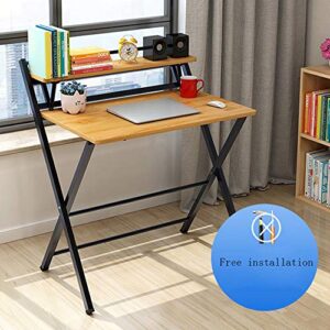 US Stock Folding Study Desk for Small Space Home Office Desk Simple Laptop Writing Table Folding Computer Desk Small Space Saving Portable Corner Desk with Storage Shelf (Khaki)