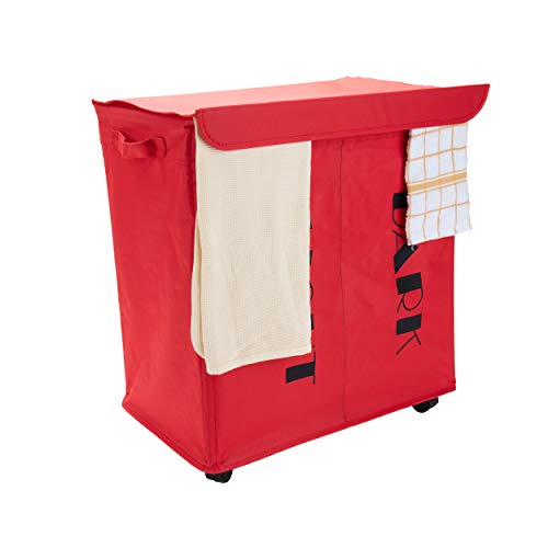 Mind Reader Double Rolling Hamper Laundry Sorter with Lid, Wheels, Handles, Red