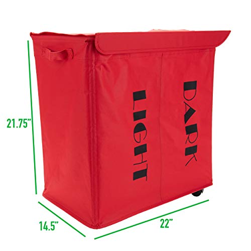 Mind Reader Double Rolling Hamper Laundry Sorter with Lid, Wheels, Handles, Red