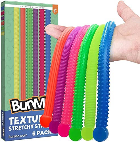 BUNMO Stretchy Sensory Toys Super Bundle - 6 Original Stretchy Strings & 6 Textured Fidget Toys (12 Strings)