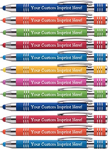 Express Pencils™ - Soft Touch Custom Pens with Stylus Personalized Metal Printed Name Pens - Black Ink - Imprinted Message of Choice - 12 pcs/pack (Assorted)