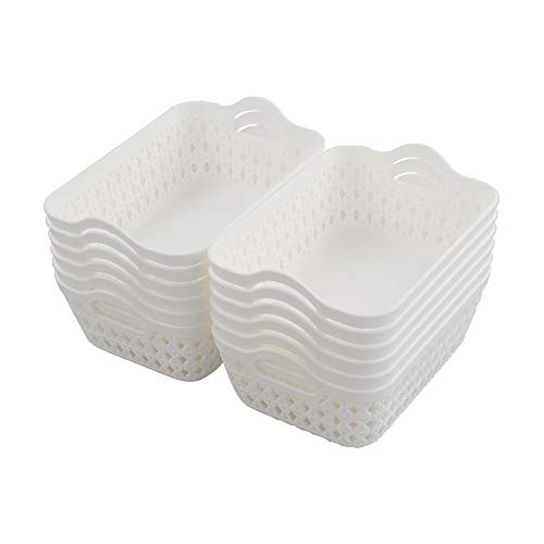 CadineUS Mini Plastic Basket Trays, White, Office Organizer Tray Baskets Set of 12