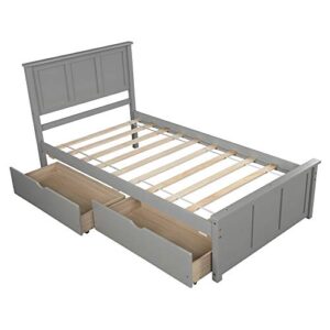 P PURLOVE Twin Size Platform Bed with Two Drawers, Twin Size Storage Bed Frame,Wood Platform Bed with Headboard with Slat Support, No Box Spring Need,Gray