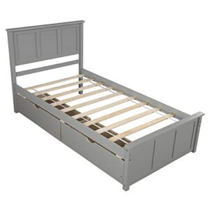 P PURLOVE Twin Size Platform Bed with Two Drawers, Twin Size Storage Bed Frame,Wood Platform Bed with Headboard with Slat Support, No Box Spring Need,Gray