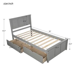 P PURLOVE Twin Size Platform Bed with Two Drawers, Twin Size Storage Bed Frame,Wood Platform Bed with Headboard with Slat Support, No Box Spring Need,Gray