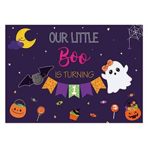 Funnytree Halloween 1st Birthday Party Backdrop Our Little Boo is Turning One Background for Baby Boys Girls First Birthday Night Pumpkin Cake Table Decorstions Banner Supplies 7x5ft