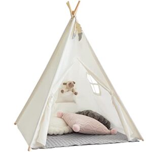 teepee tent for kids with mat, white teepee play tent foldable tipi tents for girls, boys indoor outdoor with kids teepee with grey mat, fairy lights