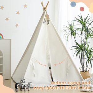 Teepee Tent for Kids with Mat, White Teepee Play Tent Foldable Tipi Tents for Girls, Boys Indoor Outdoor with Kids Teepee with Grey Mat, Fairy Lights