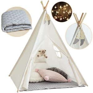 Teepee Tent for Kids with Mat, White Teepee Play Tent Foldable Tipi Tents for Girls, Boys Indoor Outdoor with Kids Teepee with Grey Mat, Fairy Lights