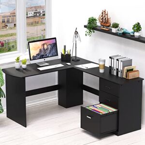 SHW L-Shaped Home Office Wood Corner Desk with 3 Drawers