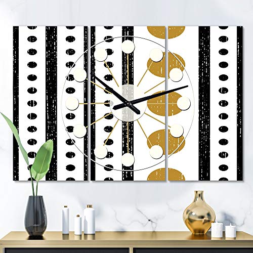 Retro Geometrical Abstract Minimal Pattern VII' Oversized Mid-Century Wall Clock - 3 Panels Black Mid-Century Modern Contemporary Aluminum Steel Finish Battery Included